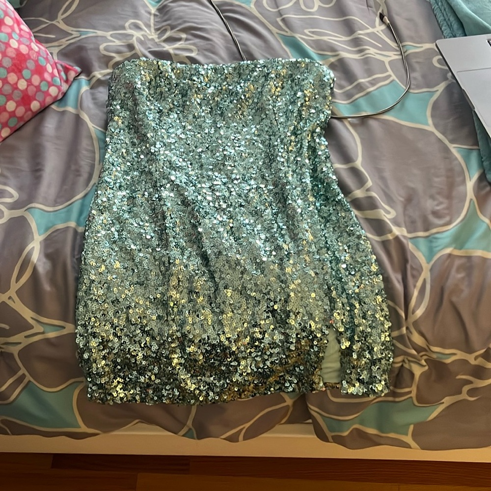 Turquoise Sparkly Strapless Dress.